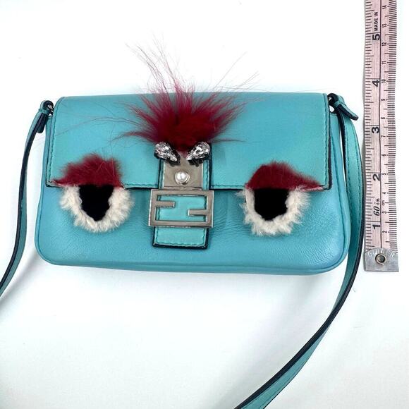 Fendi Teal Monster Mini Baguette Evening Bag Blue Green SHW Authentic CoA - Picture 7 of 11